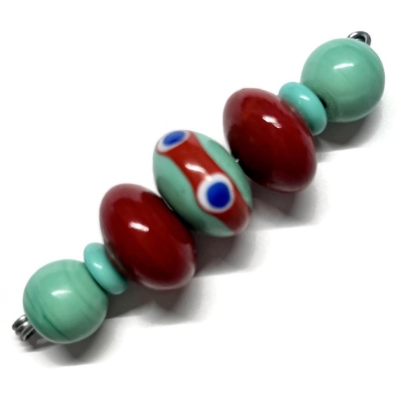 As Low As $2 Turquoise & Reds Handmade Lampwork Artisan Rondelle Beads (7) - Picture 2 of 2